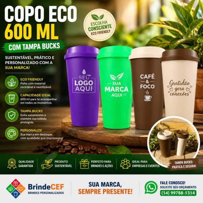 Copo Eco Personalizado 600 ml com tampa Bucks Copo Eco Personalizado 600 ml com tampa Bucks