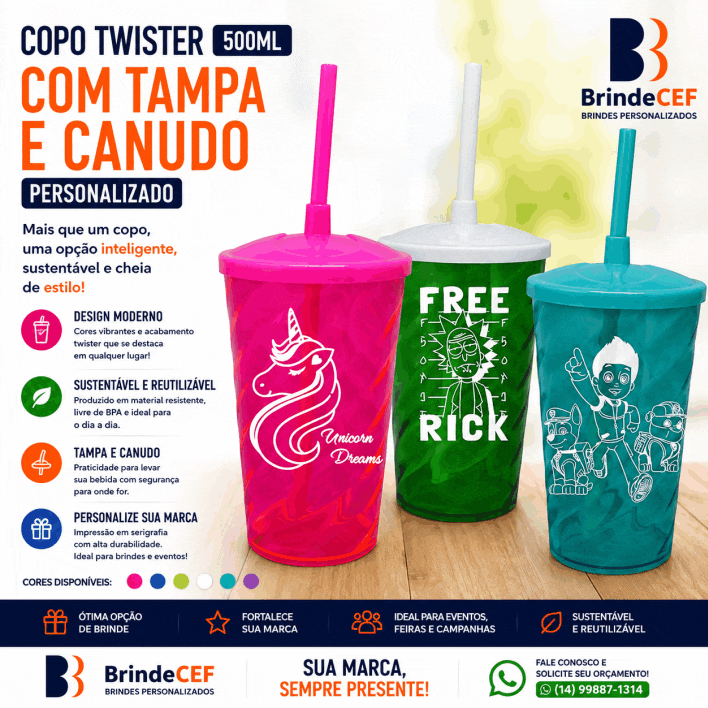 Copo Tampa Canudo Personalizado Twister 500ml
