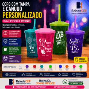 Copo com Tampa e Canudo Personalizado 350ml