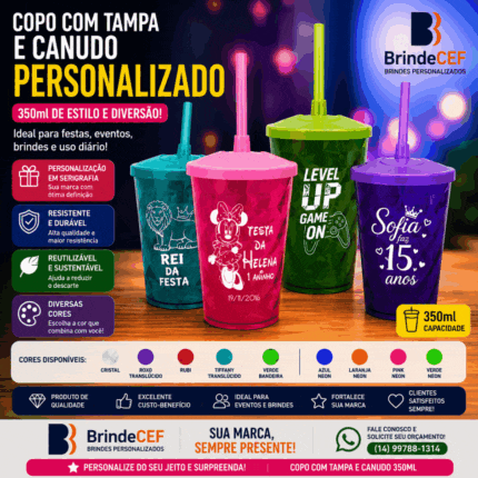 Copo com Tampa e Canudo Personalizado 350ml