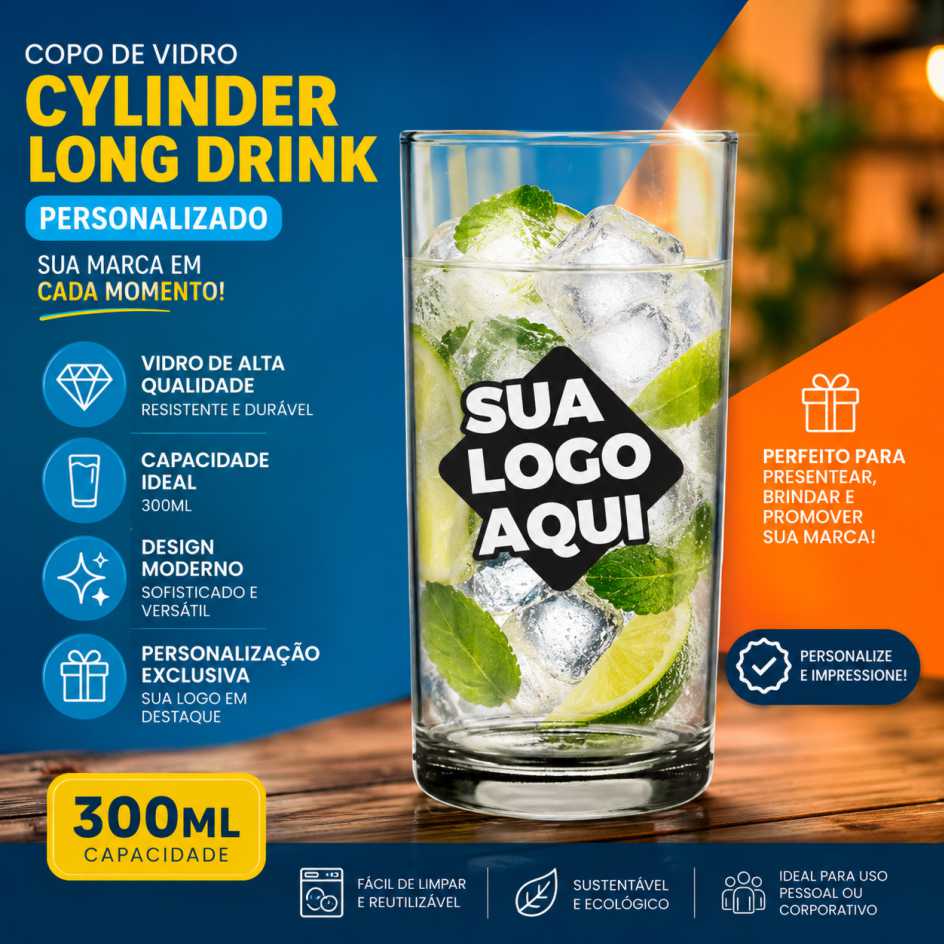 Copo de Vidro Personalizado Cylinder Long Drink 300ml Copo de Vidro Personalizado Cylinder Long Drink 300ml