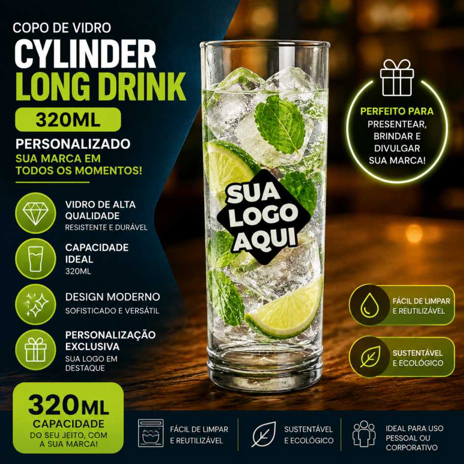 Copo de Vidro Personalizado Cylinder Long Drink 320ml Copo de Vidro Personalizado Cylinder Long Drink 320ml