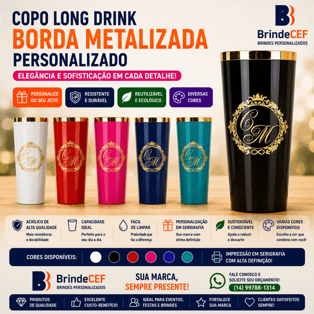 Copo Long Drink com Borda Metalizada Personalizado Copo Long Drink com Borda Metalizada Personalizado