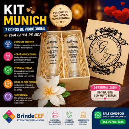 Kit Caixa de MDF 2 Copos de Vidro Munich 300ml