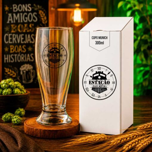Kit Copos de Vidro modelo Munich 300ml e Caixinha Personalizada