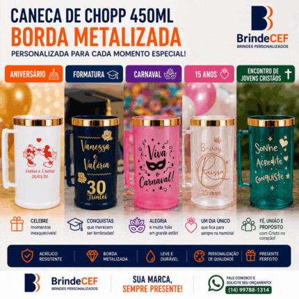 Caneca de Chopp 450ml Borda Metalizada