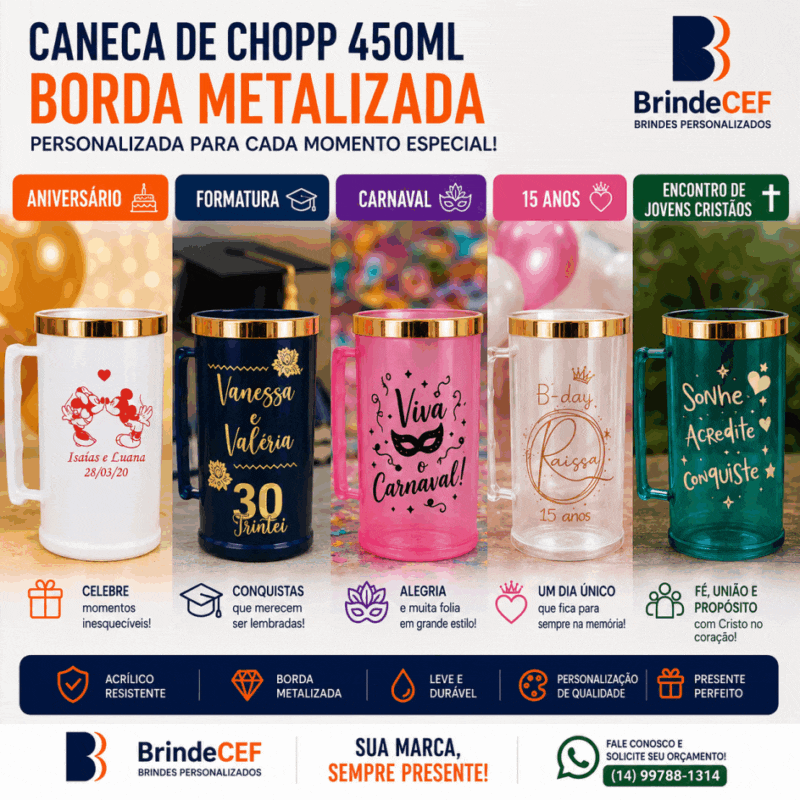 Caneca de Chopp 450ml Borda Metalizada