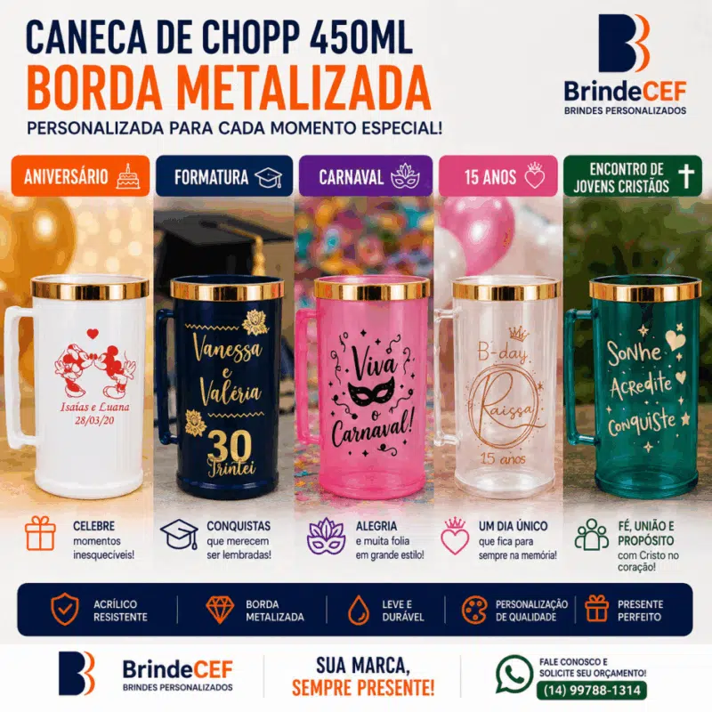 Caneca de Chopp 450ml Borda Metalizada