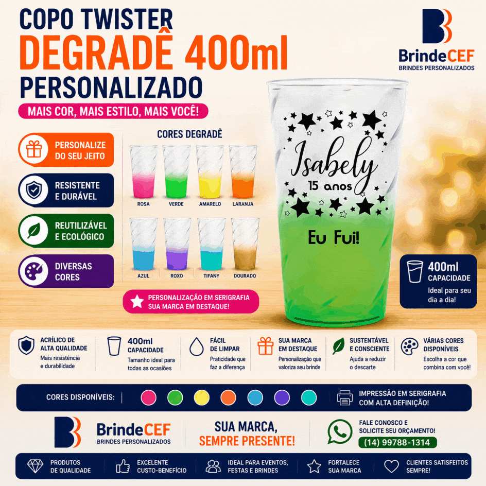 Copo Twister Degrade 400ml Personalizado Copo Twister Degrade 400ml Personalizado