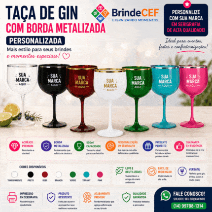 Taça de Gin de Acrílico Borda Metalizada 550 ml Personalizada