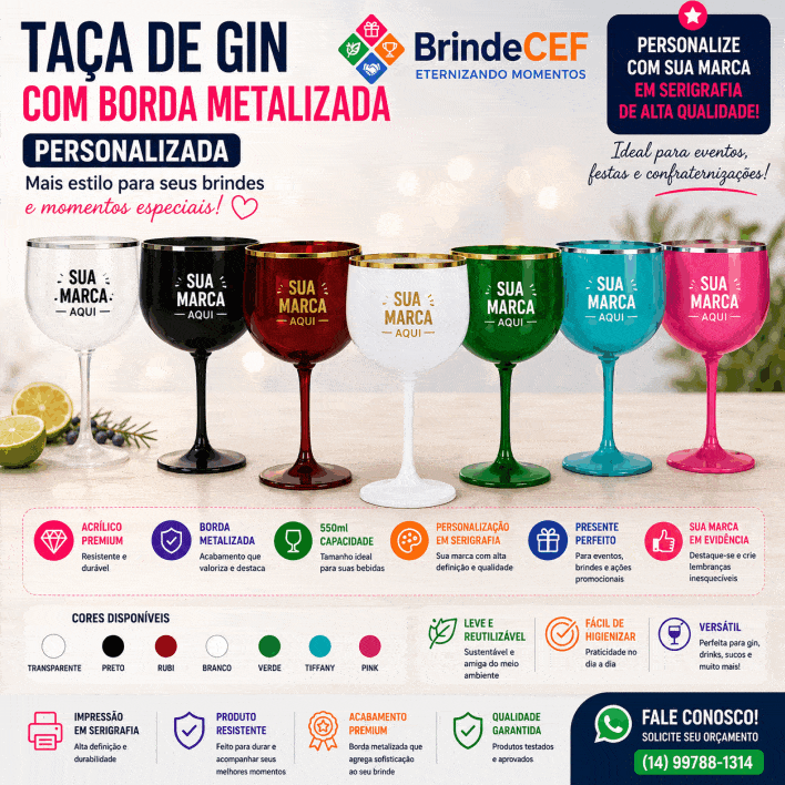 Taça de Gin de Acrílico Borda Metalizada 550 ml Personalizada Taça de Gin de Acrílico Borda Metalizada 550 ml Personalizada