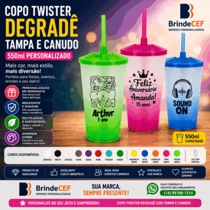 Copo Twister Degradê Tampa e Canudo 550ml Personalizado