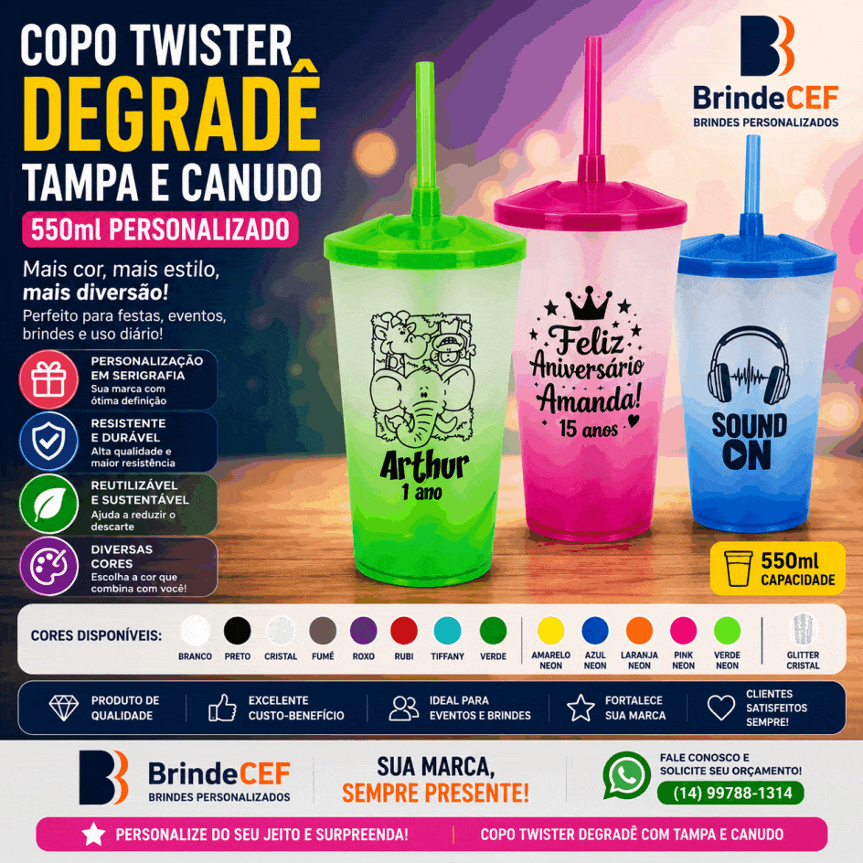 Copo Twister Degradê Tampa e Canudo 550ml Personalizado Copo Twister Degradê Tampa e Canudo 550ml Personalizado