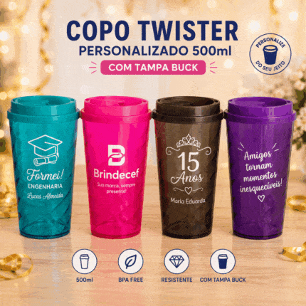 Copo Twister Personalizado 500ml com Tampa Buck