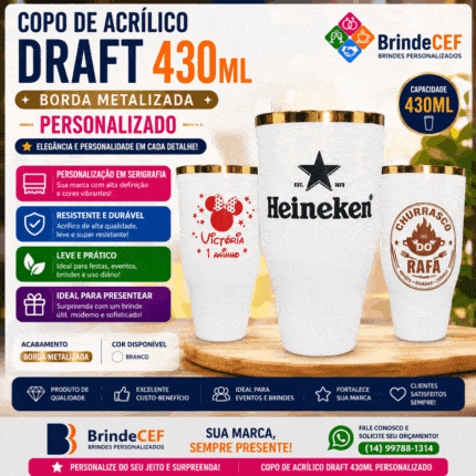 Copo de Acrílico Draft 430ml Borda Metalizada Personalizado
