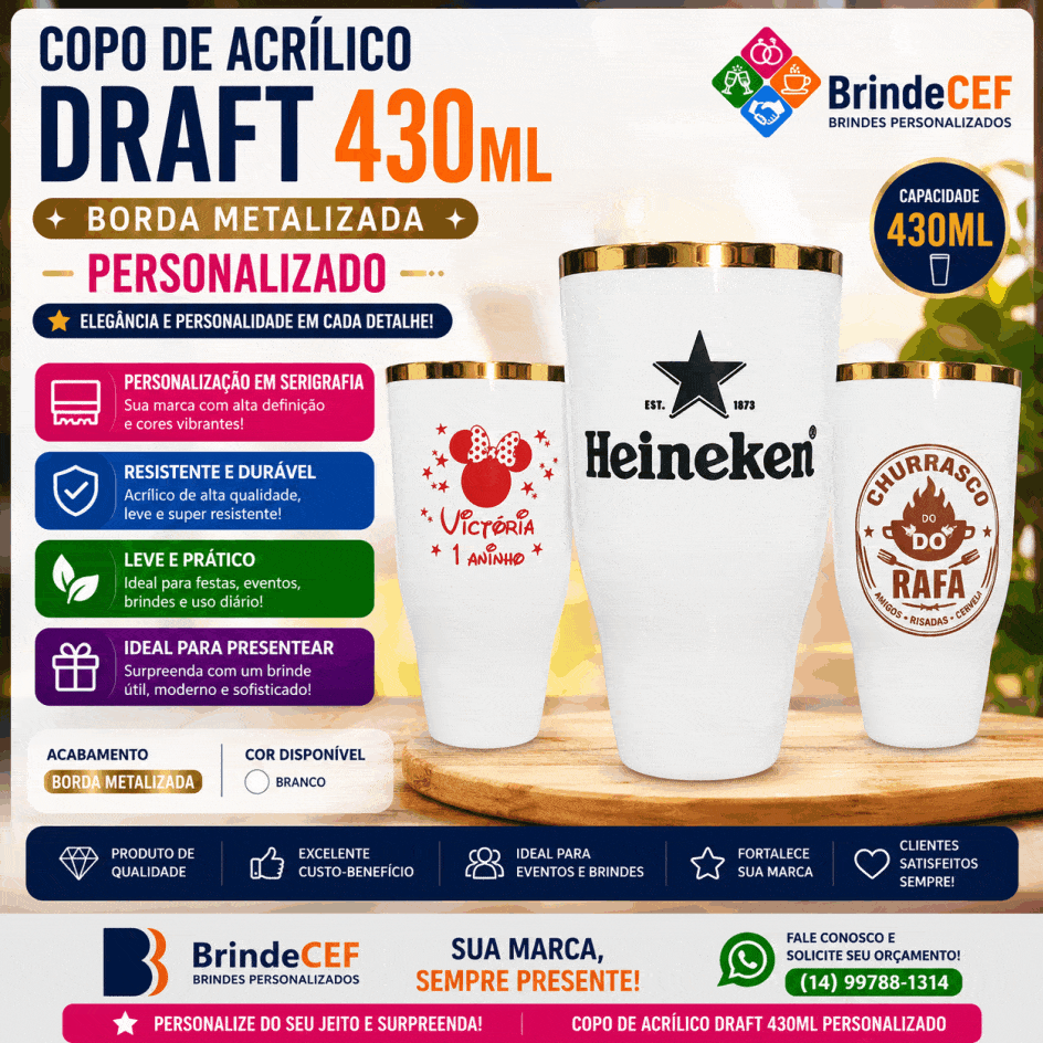 Copo de Acrílico Draft 430ml Borda Metalizada Personalizado Copo de Acrílico Draft 430ml Borda Metalizada Personalizado