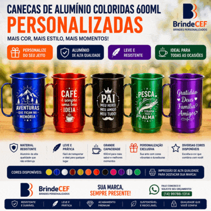 Canecas de Alumínio Coloridas 600 ml Personalizadas