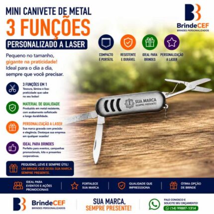 Mini Canivete de Metal 3 Funções Personalizado