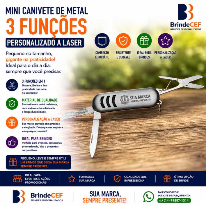 Mini Canivete de Metal 3 Funções Personalizado