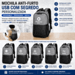 Mochila de Poliéster Anti-Furto USB com Segredo Personalizada