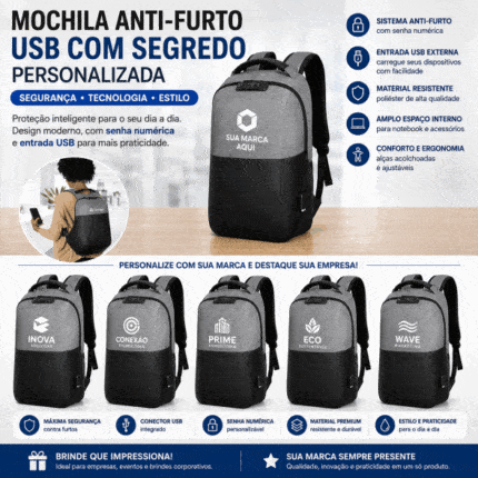 Mochila de Poliéster Anti-Furto USB com Segredo Personalizada