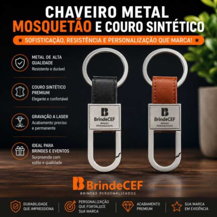 Chaveiro Metal Mosquetão e Couro Sintético
