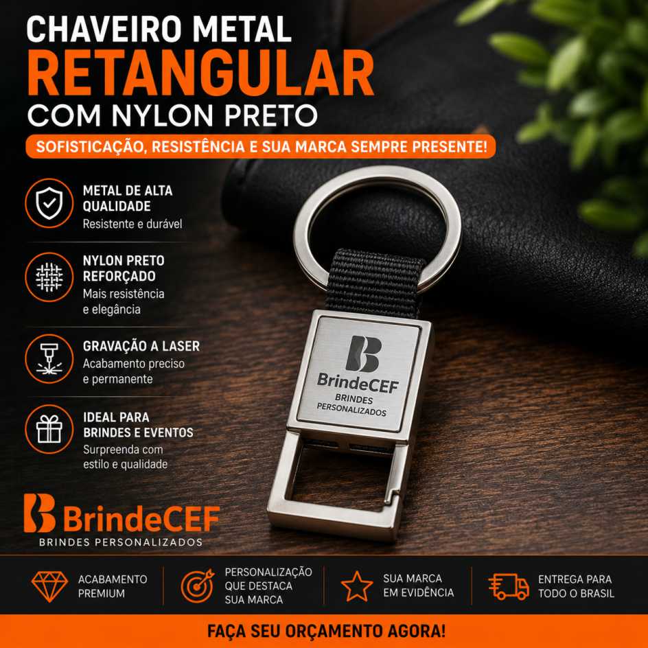 Chaveiro Metal Retangular com Nylon Preto Personalizado Chaveiro Metal Retangular com Nylon Preto Personalizado