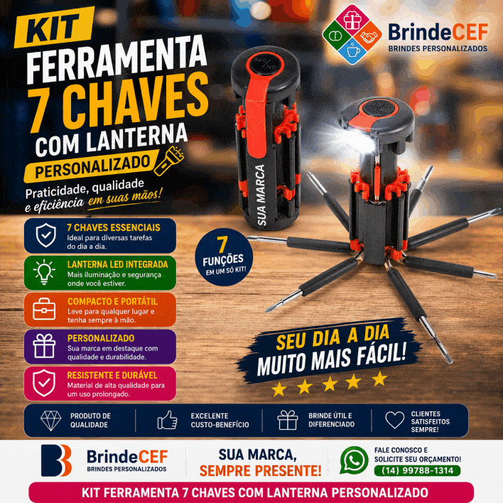 Kit Ferramenta 7 Chaves Personalizada com Lanterna Kit Ferramenta 7 Chaves Personalizada com Lanterna