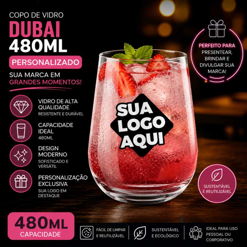 Copo de Vidro Personalizado Dubai 480 ml Copo de Vidro Personalizado Dubai 480 ml