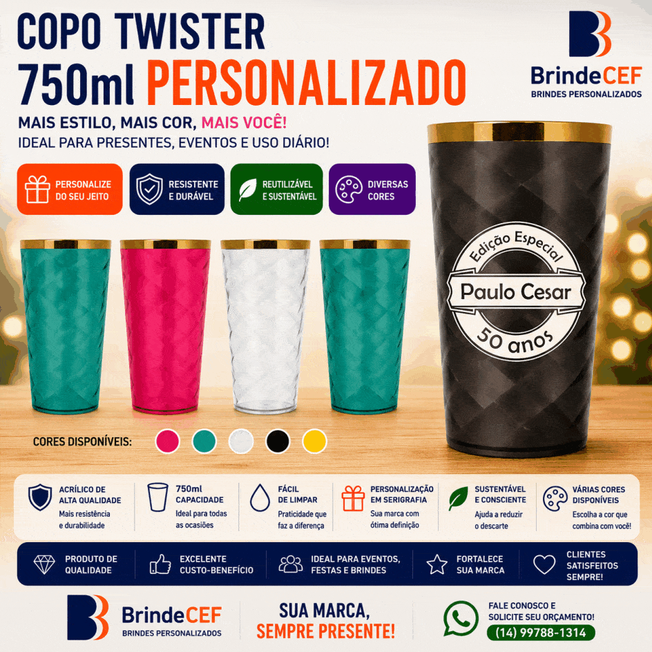 Copos Twister Personalizados 750 ml Borda Copos Twister Personalizados 750 ml Borda
