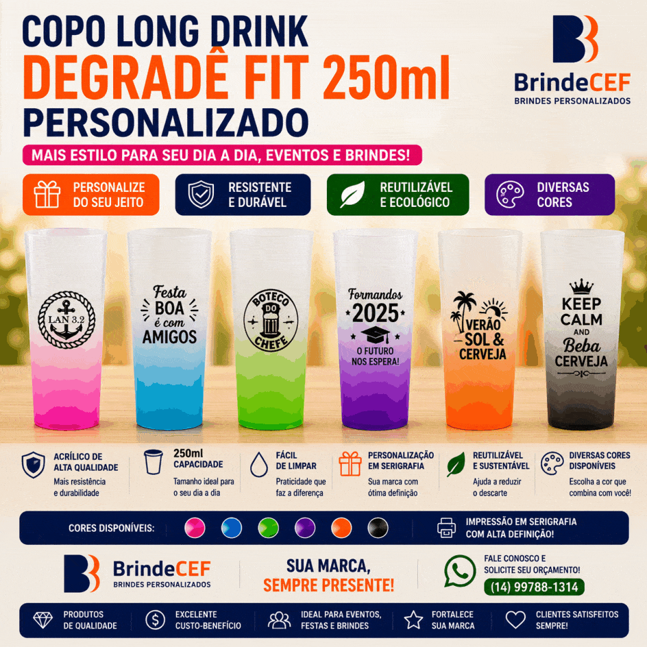 Copos long drink degrade Personalizados Fit 250 ML Diferenciais da Taça Floripa Personalizada * Vidro resistente e de alta transparência * Excelente área para gravação personalizada * Acabamento elegante e profissional * Base firme e pegada confortável * Modelo valorizado em festas e eventos premium * Alta aceitação do público O grande diferencial está no fato de que a taça não fica esquecida. Ela continua sendo usada no dia a dia, mantendo sua marca presente por muito mais tempo.