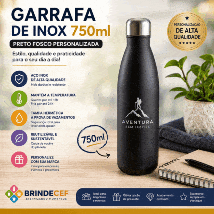 Garrafa de Inox 750 ml Preto Fosco Personalizada