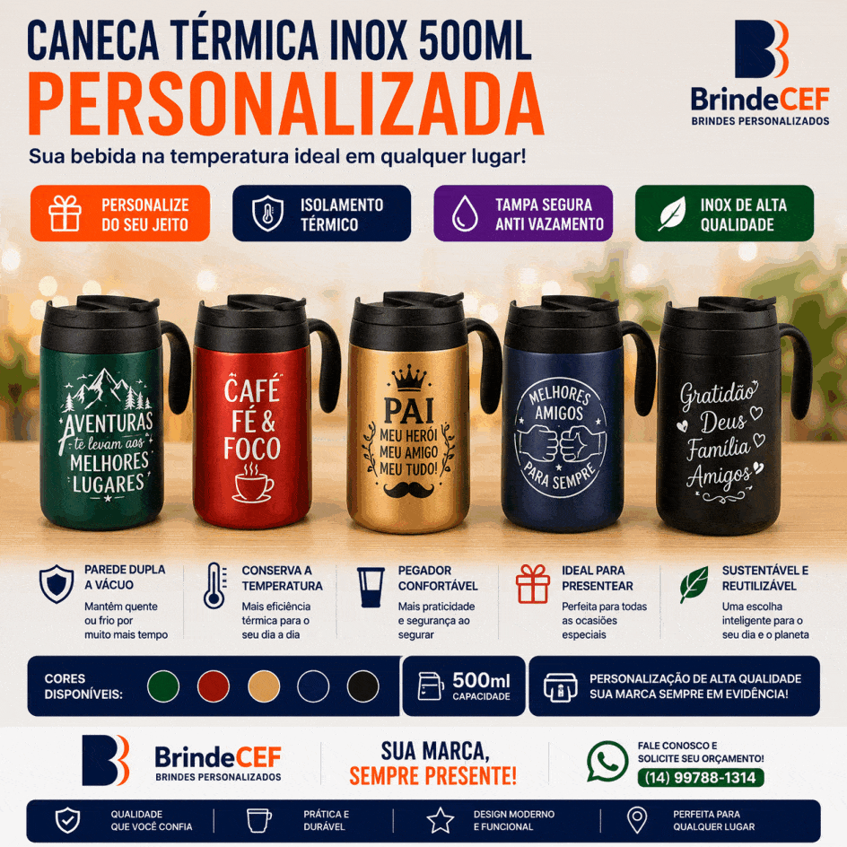 Caneca Térmica Inox 500ml Personalizada Caneca Térmica Inox 500ml Personalizada