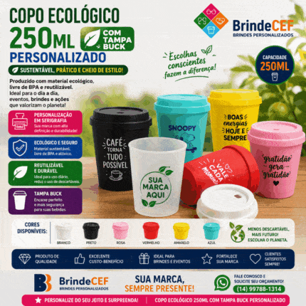 Copo Ecológico 250 ml Personalizado com tampa buck