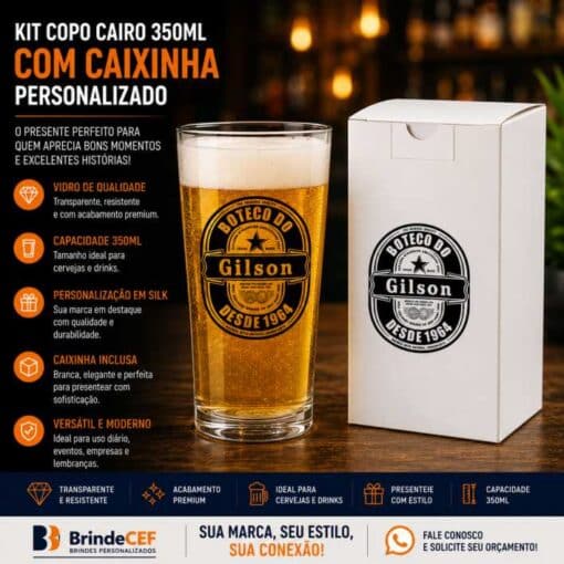 Kit Copo de Vidro 350ml + caixinha personalizada