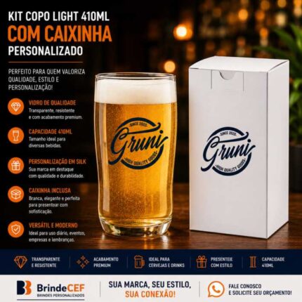 Kit Copos de Vidro Light e Caixinha Personalizados 410ml