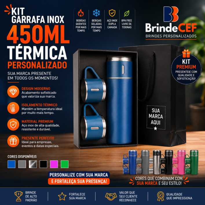 Kit Garrafa Inox 450ml Térmica Personalizado Kit Garrafa Inox 450ml Térmica Personalizado