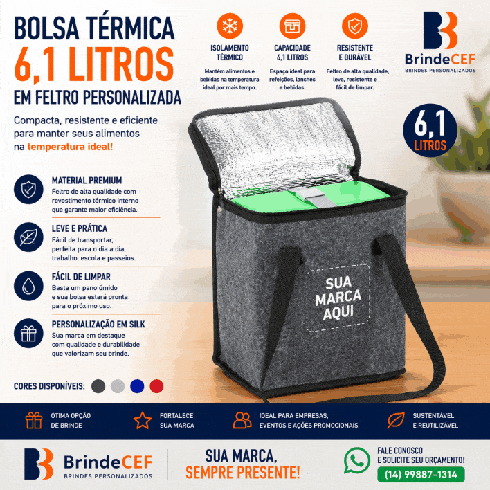 Bolsa Térmica 6,1 Litros Personalizada em Feltro Bolsa Térmica 6,1 Litros Personalizada em Feltro