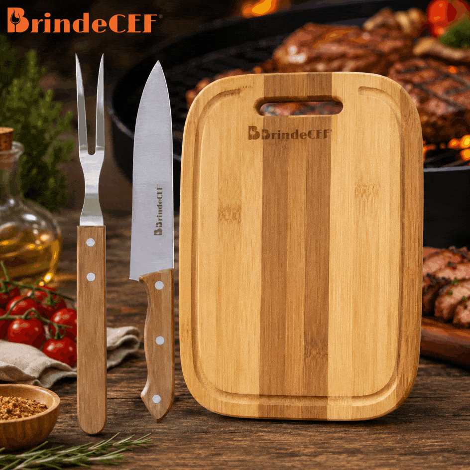 Kit Churrasco 3 Peças Inox e Madeira Kit Churrasco 3 Peças Inox e Madeira