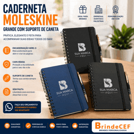 Caderneta Tipo Moleskine Grande Wire-o com Suporte de Caneta Sem Pauta